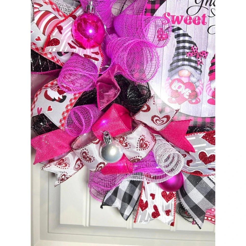 Handmade Valentine’s Gnome Sweet Gnome Ribbon Prelit Wreath 22 ins LED W17